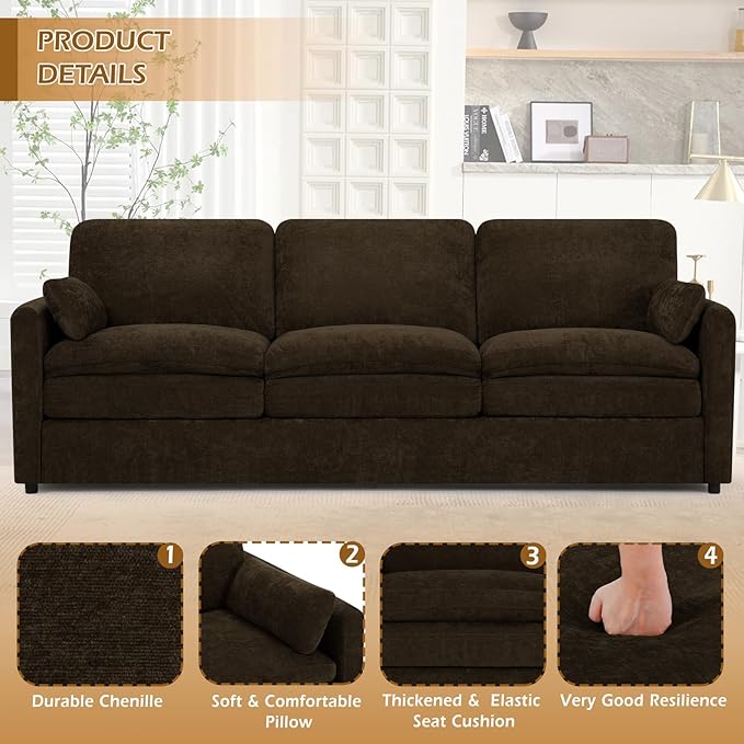 ACMEASE 89” Chenille Sofa w/Two Arm Pillows, Upholstered 3 Seater Sofa w/Comfortable Back Cushions, Modern 3 Seats Couch w/High-Density Foam for Living Room, Apartment, Office, Brown
