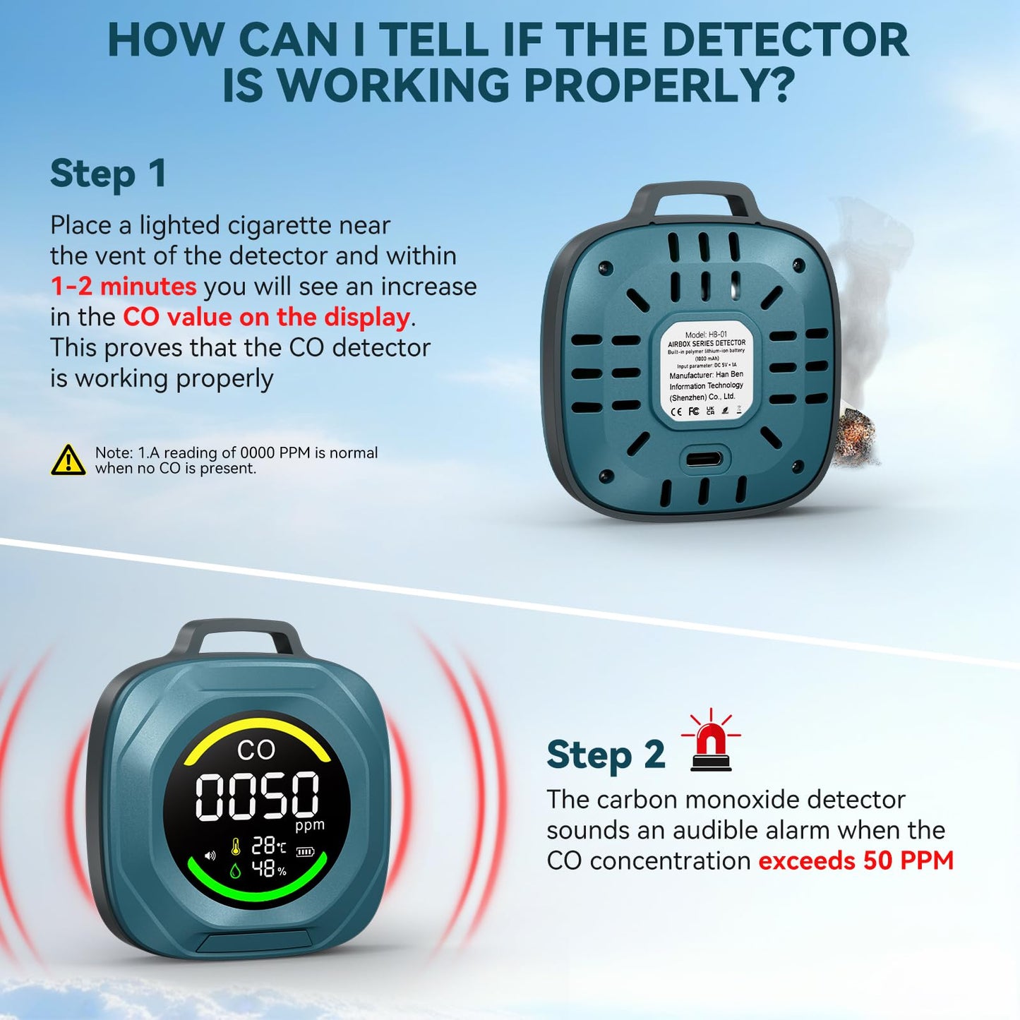 Portable 3-in-1 Carbon Monoxide Detectors - Rechargeable CO Monitor with Alarm, Temperature & Humidity Detection, Magnetic Back, 200H Standby, Custom Thresholds for RV, Car, Camping & Travel-Blue