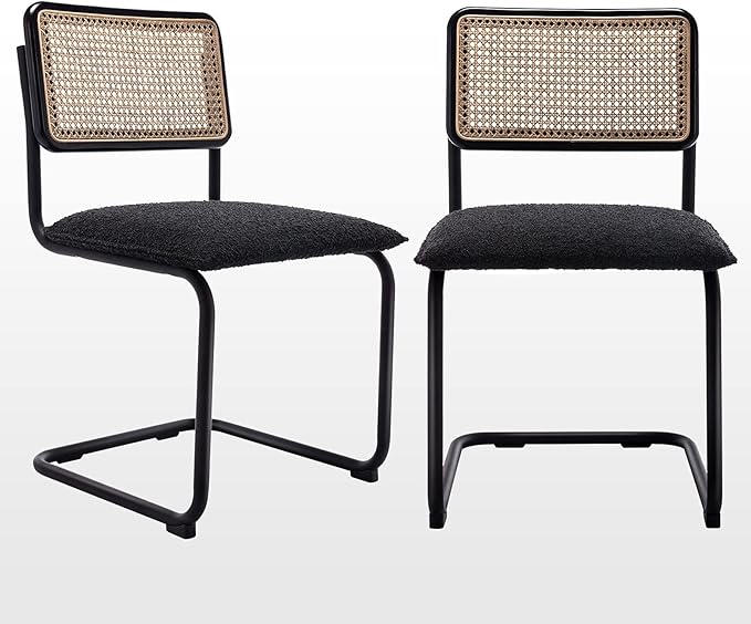Zesthouse Natural Rattan Dining Chairs Set of 2, Modern Kitchen Chairs with Solid Wood Back for Dining Room Living Room, Mid Century Breuer Design Inspired, Upholstered Boule Fabric, Black