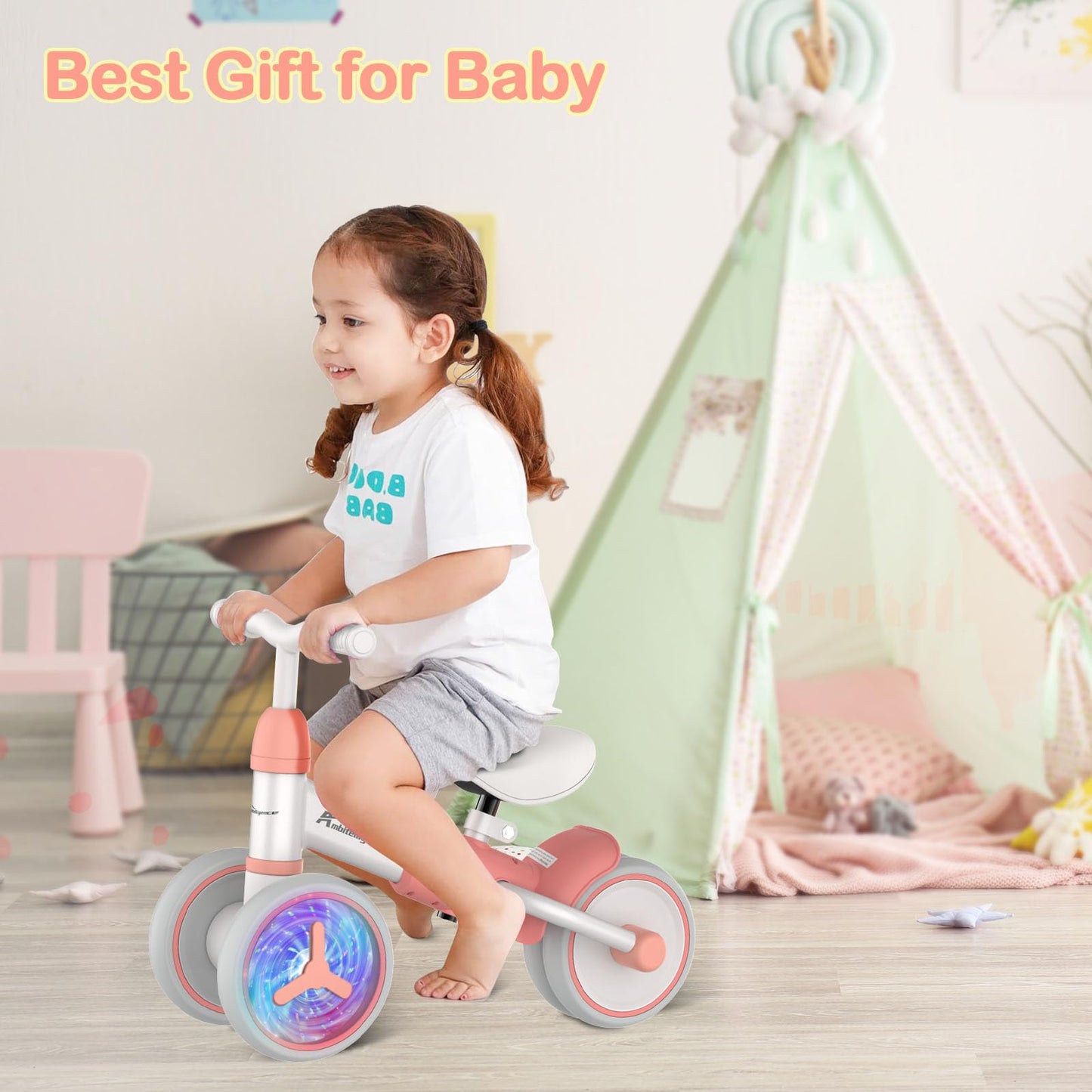 Ambitelligence Colorful Lighting Baby Balance Bike for 1 Year Old Girl Boy Gifts 12-36 Months Toddler Balance Bike with Adjustable Soft Seat and 4 Wheels First Birthday Gifts for Baby Scooter (Pink)