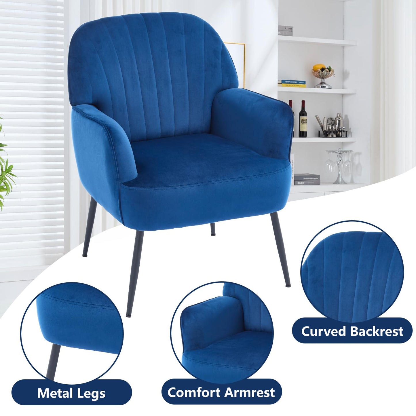 E-Motie Velvet Accent Chair, Modern Upholstered Single Sofa Side Living Room Chair, Comfy Reading Armchair with Metal Legs for Bedroom, Waiting Room, Office and Cafe, Blue