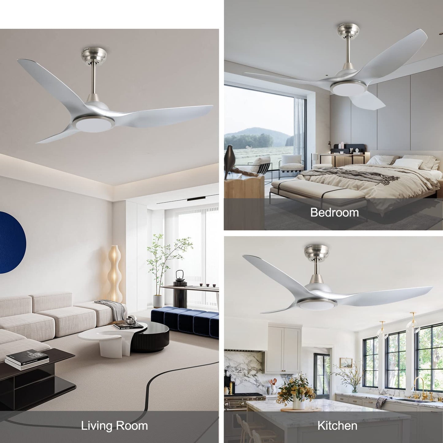 Fanliving 52 Inch Quiet DC Motor Ceiling Fan with Light Remote Control, Indoor 3 Blade Silver Modern Ceiling Fan for Bedroom Living Room Porch