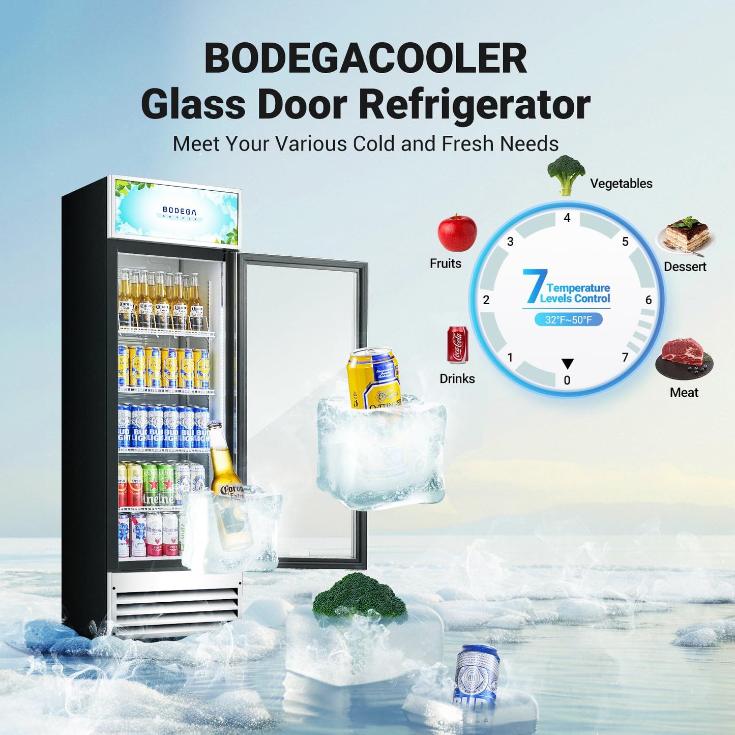 BODEGACOOLER Commercial Merchandiser Refrigerator, 9 Cu.Ft Glass Door Beverage Refrigerator, Upright Beverage Display Cooler with Soft LED Light, Adjustable Shelves, 4 Strong Castors(Stainless Steel)