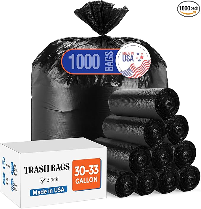 Delxo 30-33 Gallon Trash Bags, 1000 Count – 0.6 Mil Medium Duty Garbage Bags, Durable Plastic Bolsas para basura, Perforated Design– Made in USA for Kitchen, Yard, Office (Black)