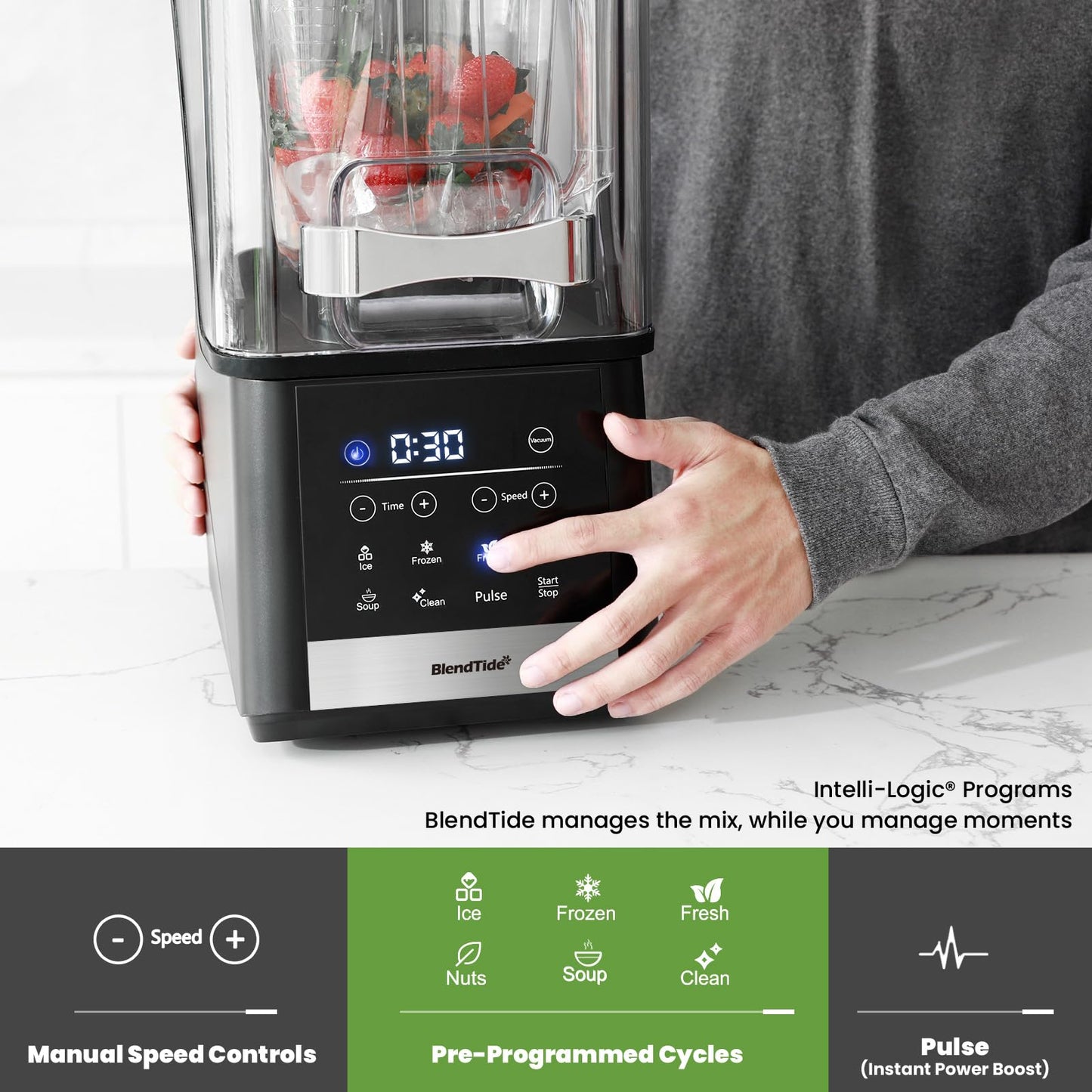 BlendTide Professional Blender 64oz, 1500W Vacuum Blender for Less Foam, Commercial Quiet Shield, Kitchen Timer, Self-Cleaning, 9 Speeds, 6 Presets for Smoothies, Frozen Drinks, Nut & Seed Blends