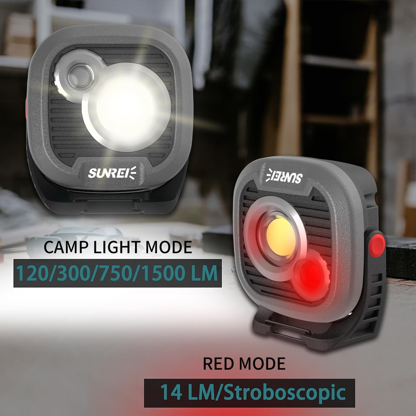 LED Rechargeable Magnetic Work Light SUNREI Mechanic Light Power Bank 180° Rotating,1500LM, 6 Modes,Magnetic&Hook, IPX5 Waterproof, Magnetic Flashlight for Camping, Car Repairing(Gary)