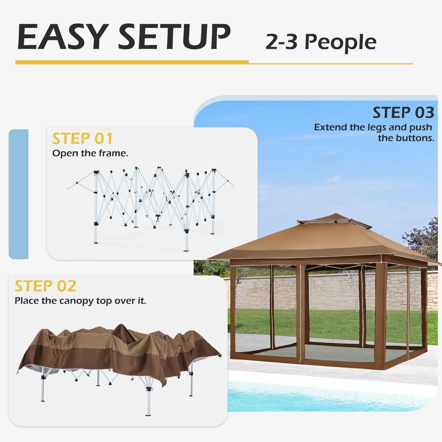 ECOTOUGE 12FT Pop Up Tent Canopy, Waterproof Canopy with Net and UV Resistant, Sidewalls Instant Shelter Gazebo with Carrying Roller Bag for Garden, Grill and Backyard (Brown)