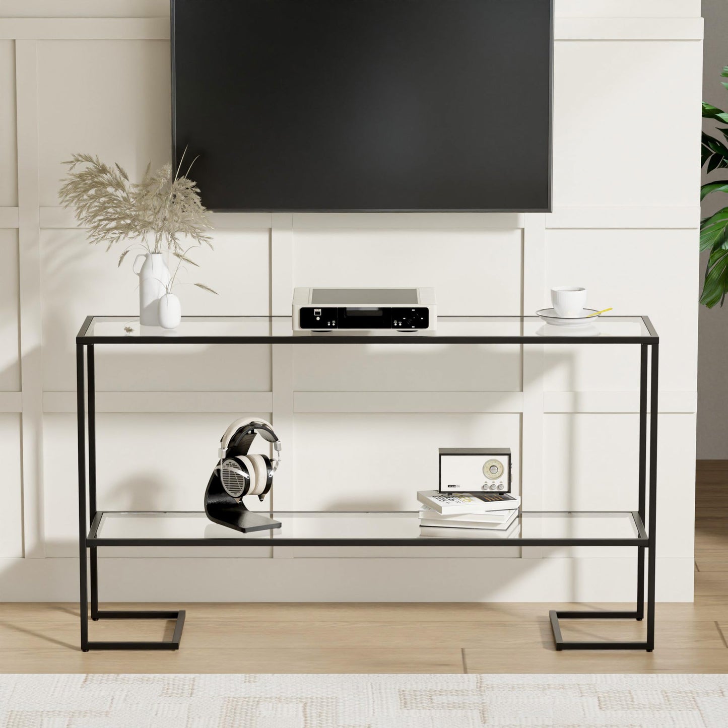 Cozy Castle 52" Console Table, 2-Tier Narrow Tempered Glass Sofa Table with Metal Frame for Living Room, Hallway, Bedroom, Black