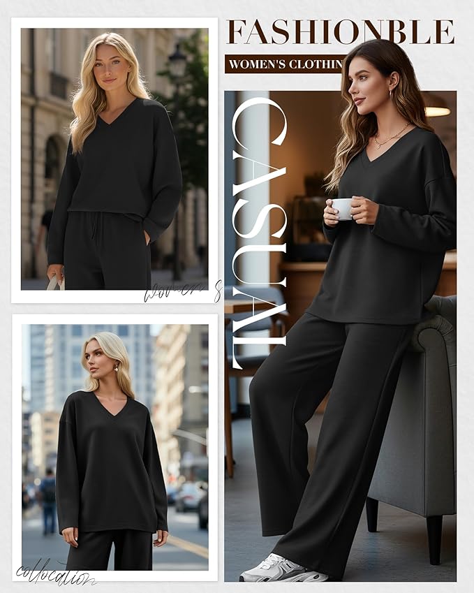 JoyMotion 2 Piece Women's Sweatsuit, V Neck Oversized Tracksuit Wide Leg Pant Fall Lounge Set Long Sleeve Sweatshirts Outfit