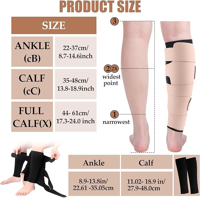 Croknit 3 Pairs Lymphedema Compression Leg Wraps Adjustable Lower Leg Cover up Medical Shin Splint Wrap for Heaviness Fatigue(Black-complexion Leg Wrap)