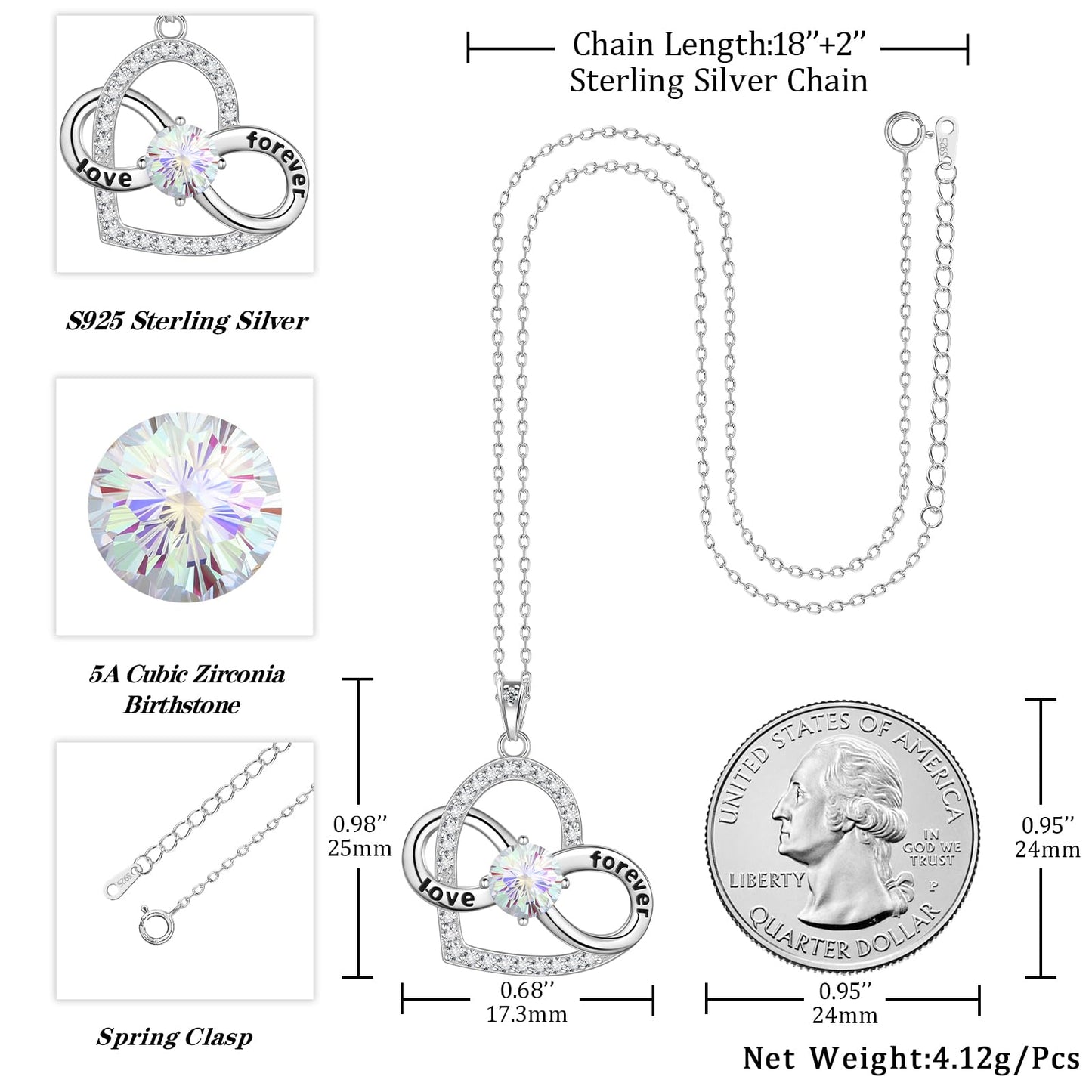 Birthstone Love Heart Infinity Pendant Necklace - 925 Sterling Silver Firework-Cut Cubic Zirconia Love Forever Infinity Necklace Anniversary Birthday Jewelry Gift for Women Wife Mom Daughter (04-April)