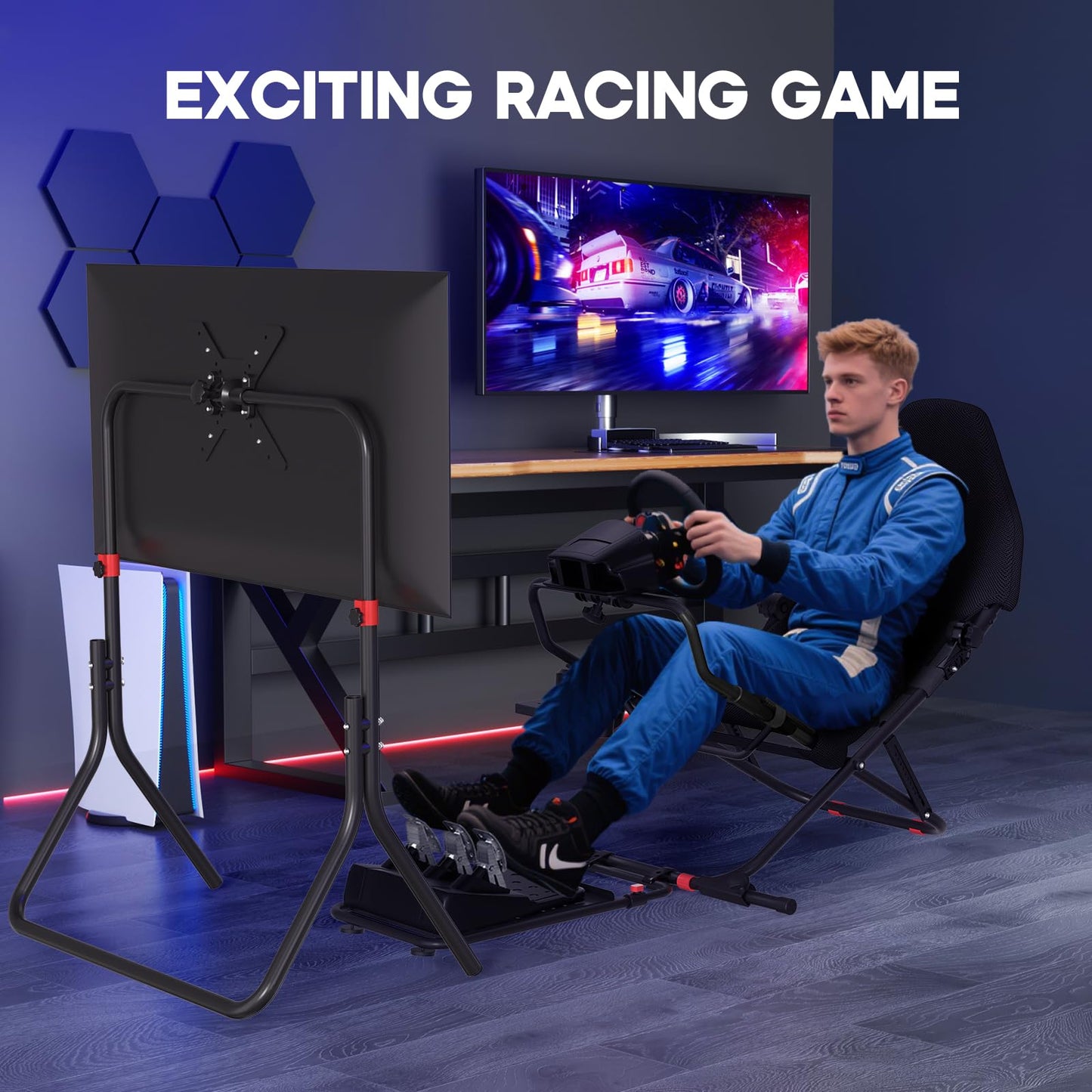 DIWANGUS Racing Simulator Cockpit with TV Stand, Foldable Racing Wheel Stand with TV Mount and Seat, Sim Racing Cockpit Compatible with Logitech G29/920/923/27/25, Thrustmaster T248/X/T300RS/T150/458/TX for Xbox PS4 PS5