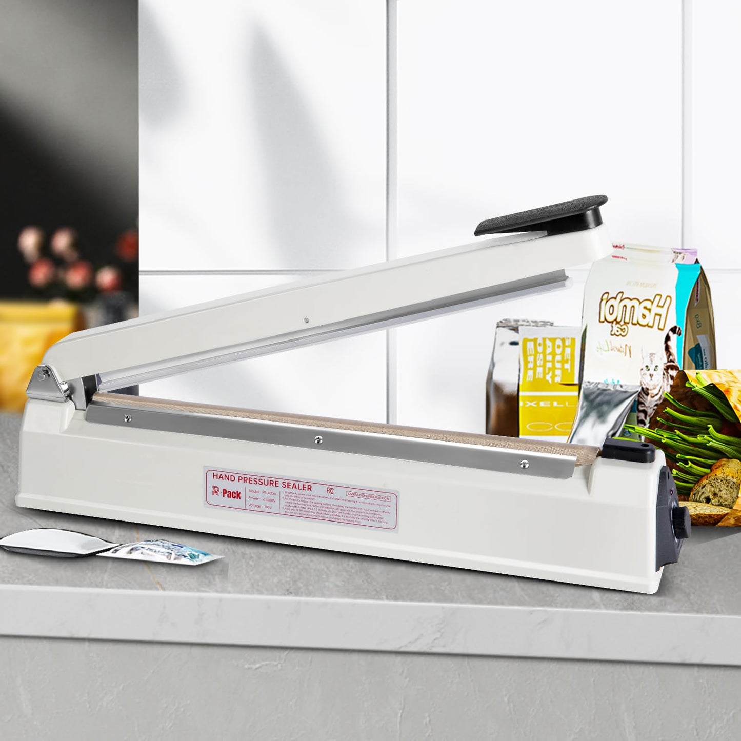 R-PACK Impulse Heat Sealer with Cutter, Heavy-Duty Bag Sealing & Cutting Machine, 2 Extra Replacements (White, 8-Inch)