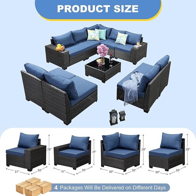 SunloungeCo Patio Furniture Set, 10 Pieces Outdoor Couch Sofa with Wider Armrests & Glass Coffee Table, Outdoor Sectional Furniture with Thick Cushions for Party, Poolside,Garden-Navy