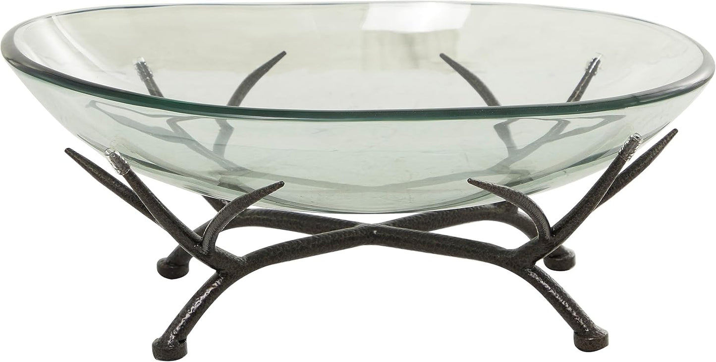 Deco 79 Glass Kitchen Serving Bowl with Black Metal Branch Stand, 17" x 13" x 8", Clear