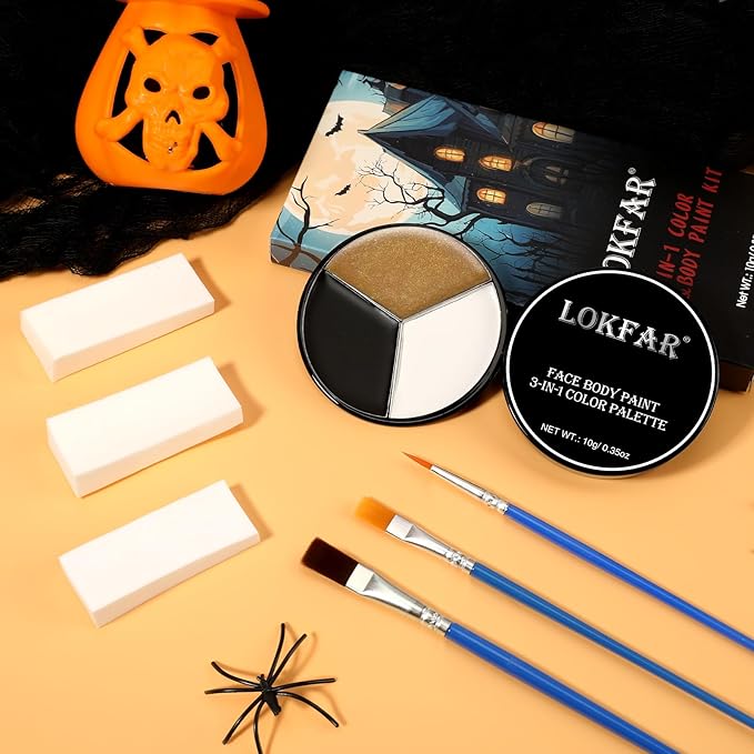 Black White Metallic Brown Face & Body Paint - Blendable Facepaint Foundation with Sponge & Brush for Skin, Professional Halloween Face Make-up Kit for Cat Deer Cheetah Leopard Tiger Lion Costume