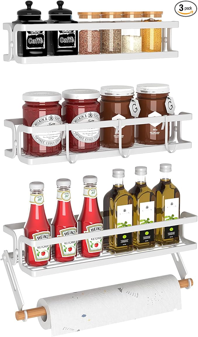3 Pack Wall Mounted White Spice Rack With Paper Towel Holder and Hooks, Space Saving Adhesive Hanging Spice Rack for Spice Jars and Seasonings,Spice Racks Organizer for Cabinet,Pantry Door