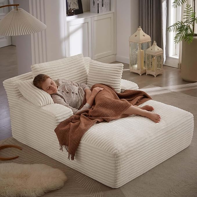 Alpen 66" Oversized Chaise Lounge, Boneless Couch Indoor, Corduroy Couch Boneless Sofa Chair for Reading with Wide Armrest and 3 Throw Pillows, No Assembly Required, Milky White