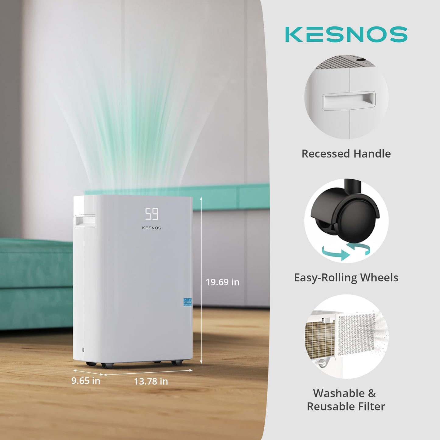 Kesnos 5,000 Sq. Ft. Most Efficient Energy Star 2025 Dehumidifier for Home, 80 Pints Dehumidifier with Drain Hose for Basement, Bedroom, Bathroom, Room, Featuring Front Display, 24H Timer Function