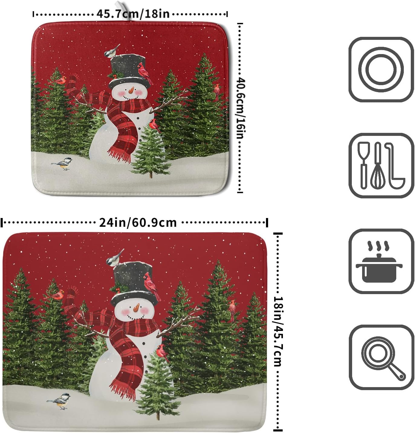Christmas Dish Drying Mat for Kitchen Counter Red Xmas Snowman Trees Birds Drying Mat 18x24 Inch Winter Holiday Absorbent Dish Drainer Mat Christmas Kitchen Accessories