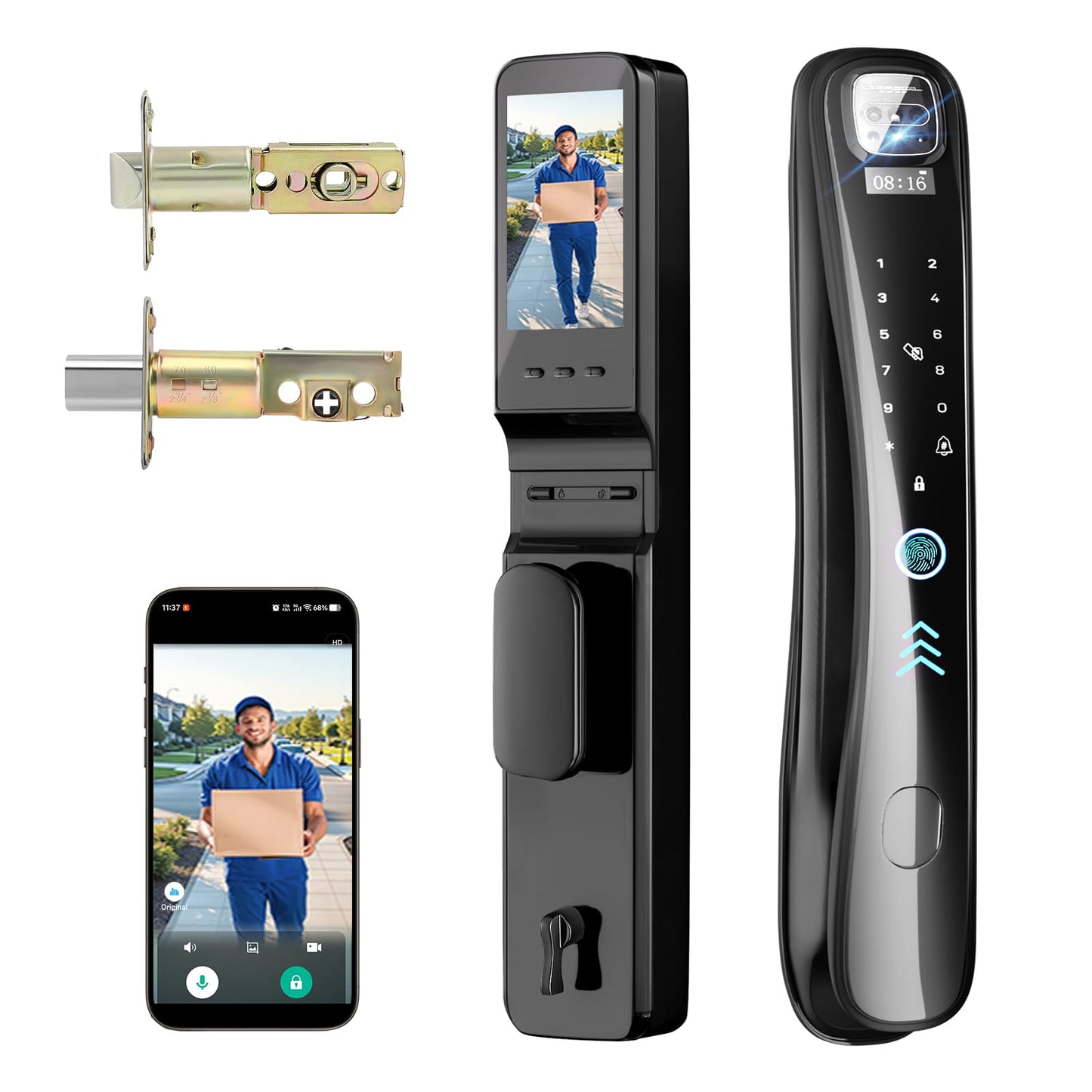 Smart Lock with Camera & Video Doorbell, 8-in-1 Keyless Entry Door Lock with Keypad, Smart Deadbolt for Front Door, Fingerprint Lock Built-in Wi-Fi, Voice Control & Remote Control, Two-Way Talk