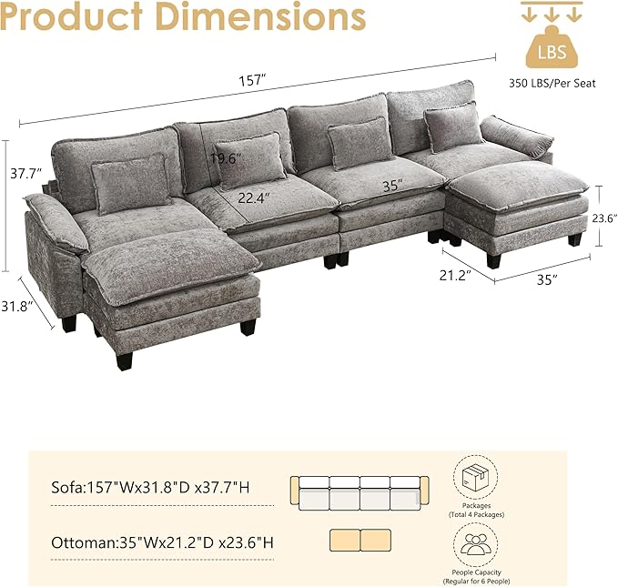 URRED Cloud Couch Modular Sectional Sofa, 157" Modern U Shaped Deep Seat Sofa with 2 Ottomans & Pillows, Ultra Comfy Chenille Couches for Living Room, Bedroom or Apartment, Gray