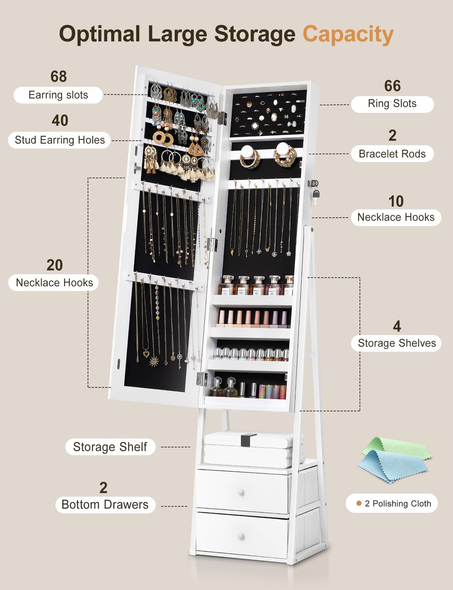 Nicetree Jewelry Cabinet, Standing Jewelry Mirror with Storage, Mirror Jewelry Armoire with 2 Drawers, Lock, Shelf, Polishing Cloth, Grain White