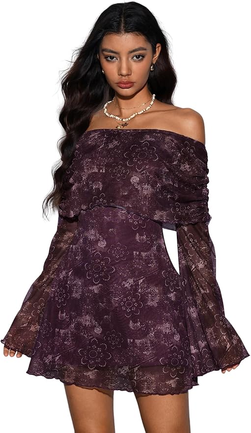 Verdusa Women's 70s Vintage Floral Off The Shoulder Dress Foldover Long Sleeve Bodycon Mini Dress