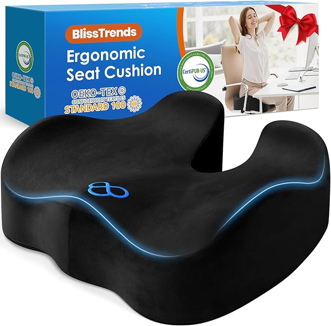 BlissTrends Seat Cushion,Thick Memory Foam Cushions for Office Chair, Car Seat, Airplane, Relieving Pressure Tailbone Scia...