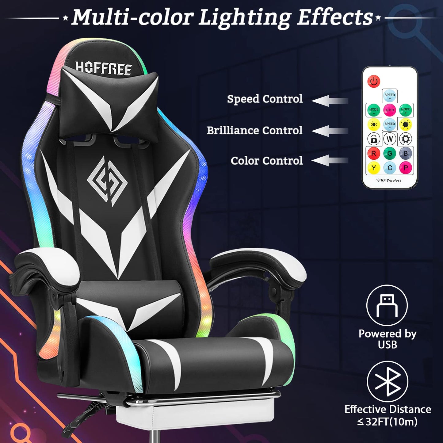 RGB Gaming Chair with Massage and LED Lights Ergonomic Computer Chair with Footrest Reclining High Back Video Game Chair for Adults with Adjustable Lumbar Support White and Black