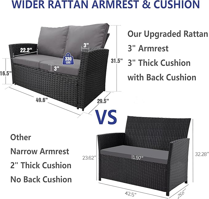 FHFO 4 Piece Outdoor Patio Furniture Set,Wicker Conversation Sets Outdoor Sectional Patio Sofa Couch with Cushions & Coffee Table for Outside, Garden, Balcony, Porch,Black/Grey