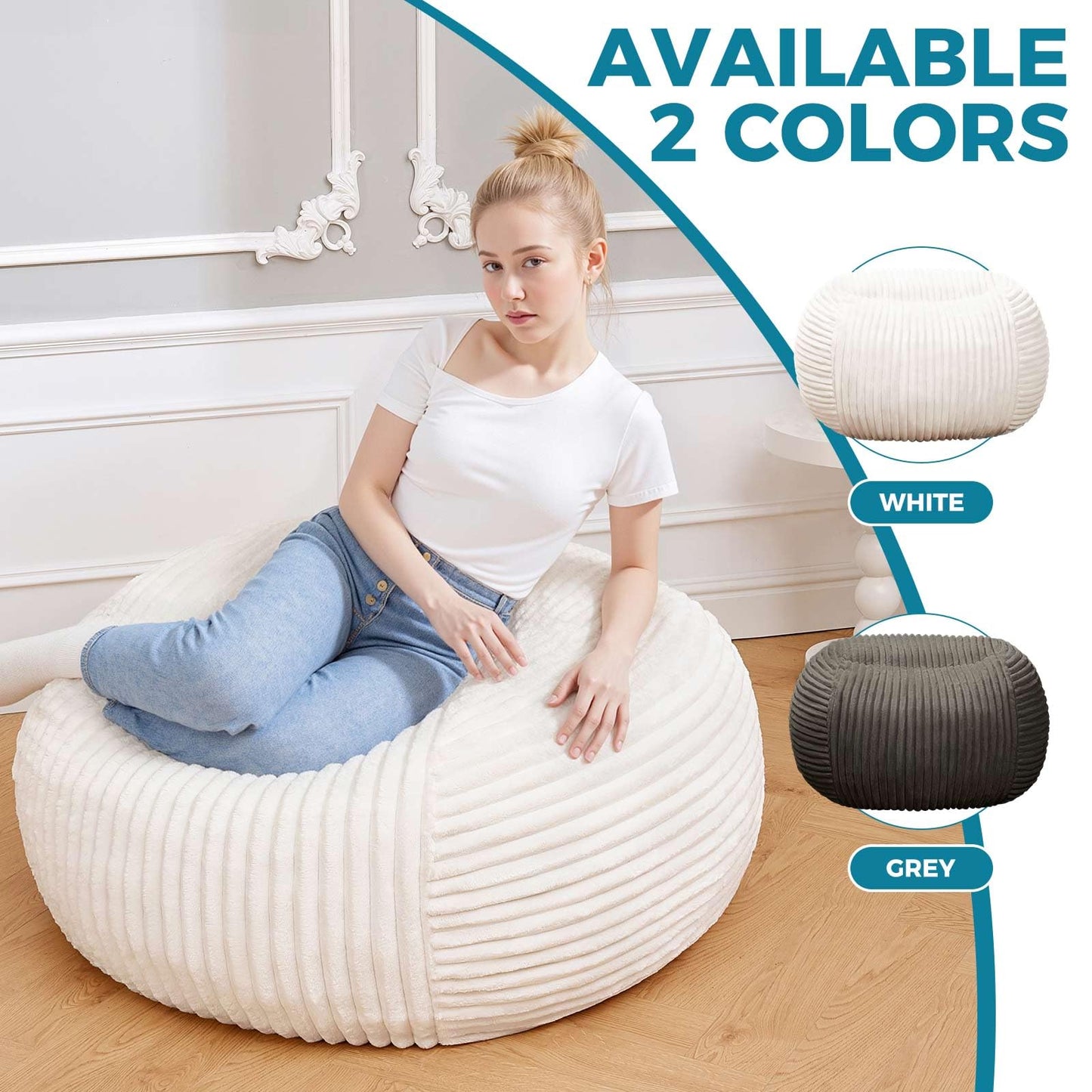 Bean Bag Chairs for Adults，Bean Bag Chair with Filler Included，Detachable and Washable Flannel Cover, Round Fluffy Sofa Chair Filled with Memory Foam, Suitable for Gaming, Bedroom (Off-White)