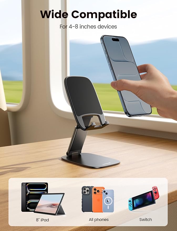 Lamicall Ultra-Thin Cell Phone Stand for Desk - [Height Adjustable] Foldable Desktop Phone Holder, Portable Mobile Stand, Office Desk Accessories Gifts for iPhone 17 16 15 14 13 Pro Max, Galaxy S25