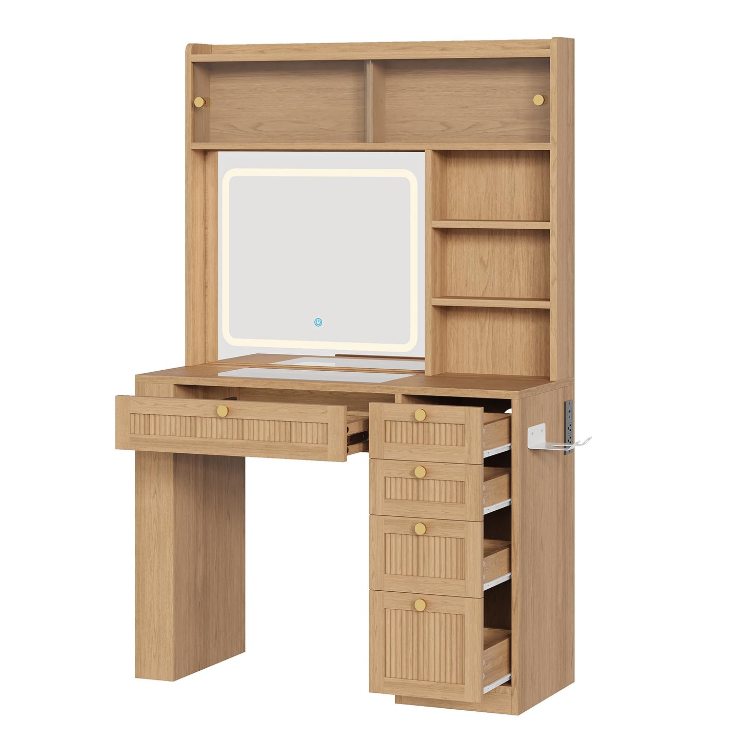 IRONCK Vanity Desk with LED Lighted Mirror, 3-Color Dimmable Makeup Vanity with Glass Top & Charging Station, 4 Drawers & Open Shelves, 63" H Vanity for Bedroom, White/Natural Wood