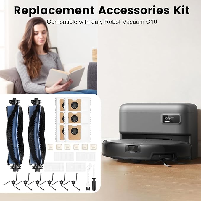 C10 Replacement Part Compatible with Eufy C10 Robot Vacuum，26 Pack Accessories Kit Included 2 Mainbrush 4 Filter 6 Dust Bag 6 Sidebrush 1Cleaning Brush 1Screwdriver,6Scented Stick