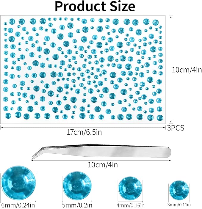 Self Adhesive Face Gems and Pearls for Makeup, Festival Jewels, Hair Gems, Rhinestone Stickers for Face, Eye, Makeup, Nail, Body, Crafts 3/4/5/6 mm 975Pcs (15.gem_lightblue)