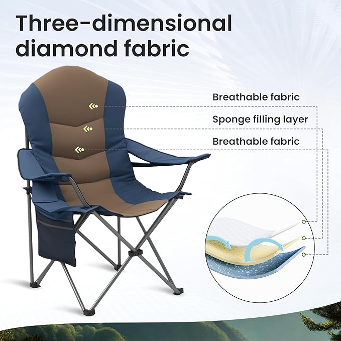 Foristrail 2 Pack Folding Camping Chairs for Adults - High Back Padded Outdoor Lawn Chairs with Lumbar Support & Cup Holder, 400lbs Heavy Duty Portable Camping Chairs Set (Light Blue & Brown, 2 PCS)