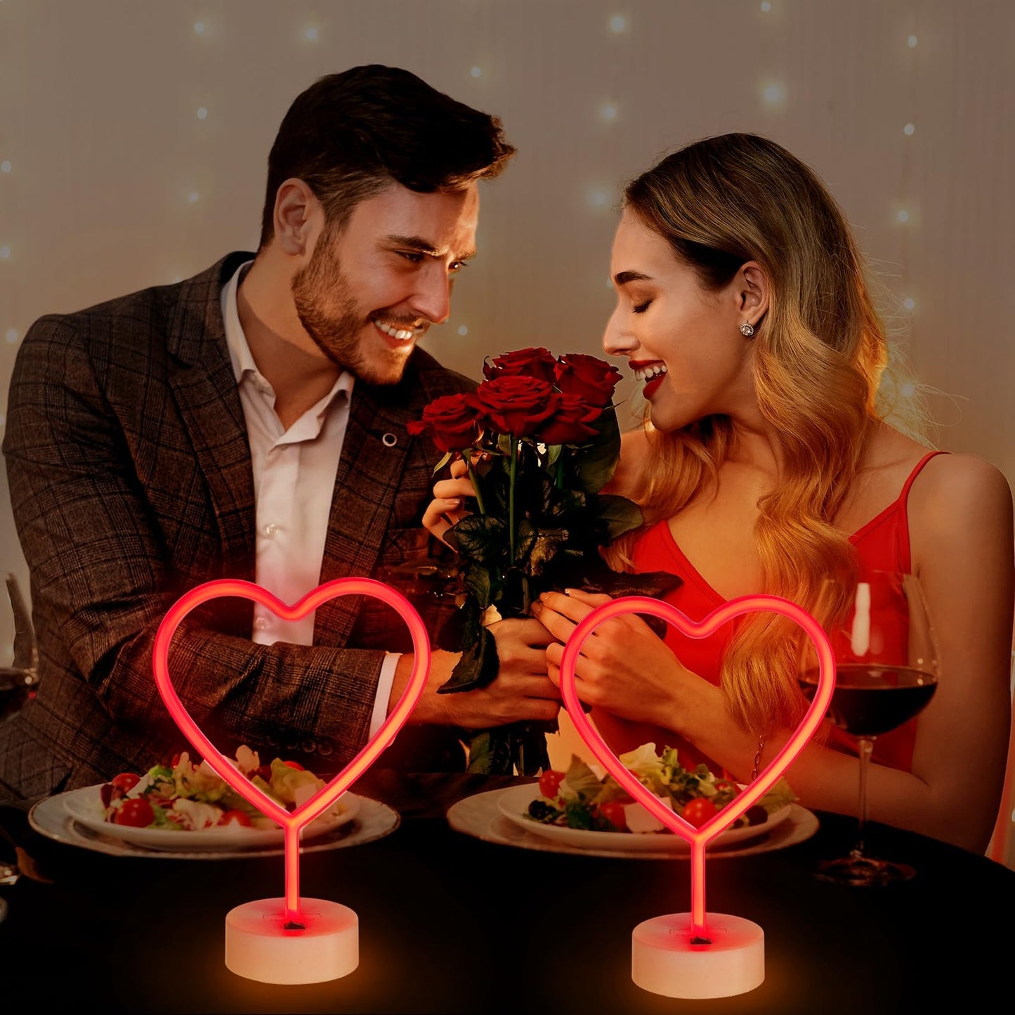 Retisee 4 Pack Valentine's Day Heart Neon Sign LED Neon Light Battery Operated or USB Powered Heart Signs Lamp Gifts for Bedroom Decorations Anniversary(11 x 8 Inches,Red)
