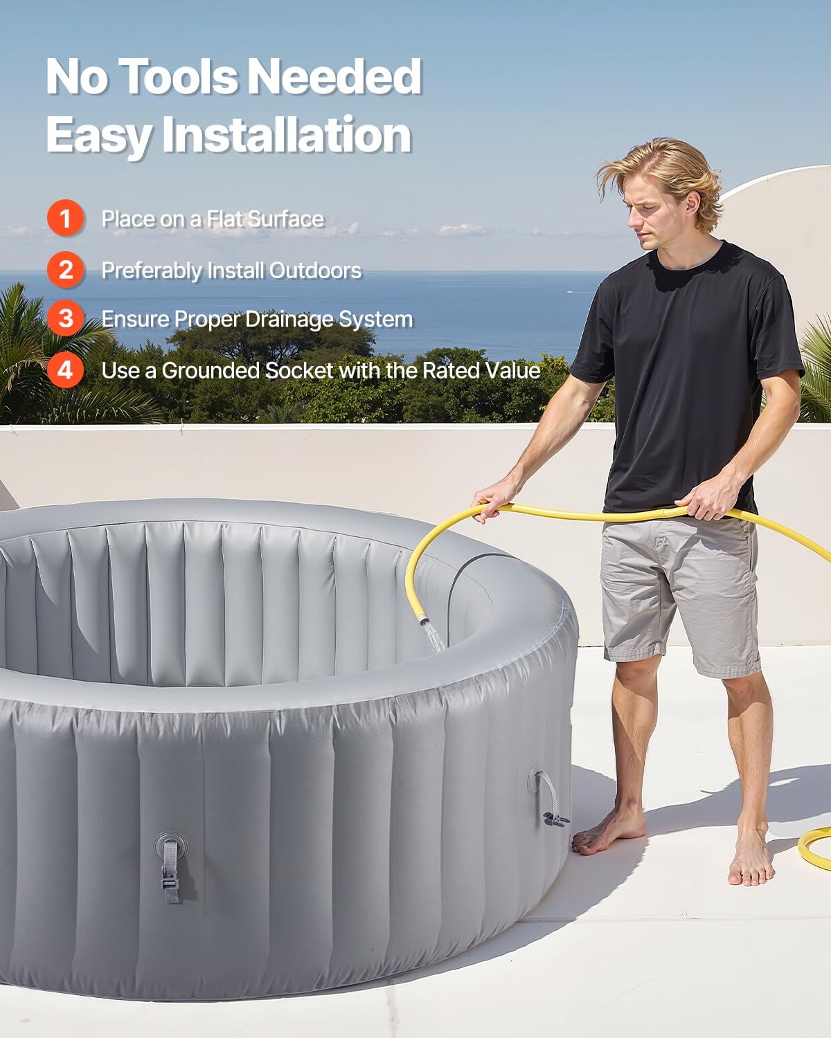 VEVOR Inflatable Hot Tub, 6 to 8 Person Capacity, 94.5 x 26in Round Portable Outdoor Spa, with 130 Soothing Jets, Headrest, LED Light, Cover, Multi-Function Control Panel, PVC Outdoor Hot Tub, Grey
