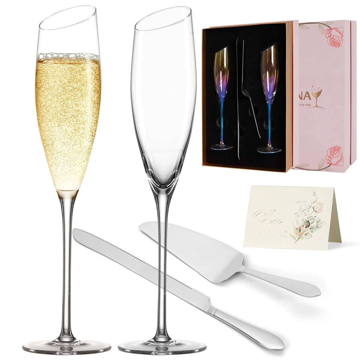 DORELINA Bride and Groom Champagne Glasses Set of 2,Wedding Gifts for Couples 2025, Iridescent Crystal Wedding Champange Flutes and Cake Server Sets Engagement Newlyweds-6oz