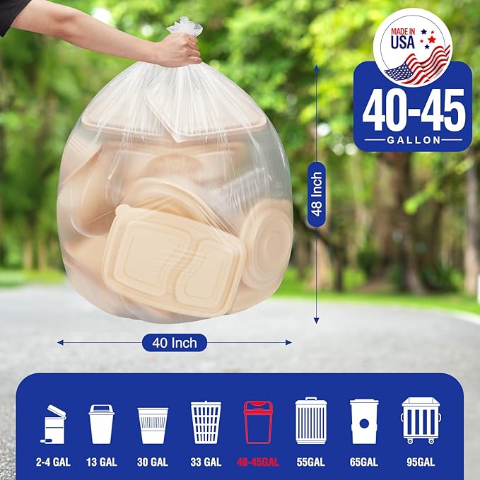 Delxo 40-45 Gallon Clear Trash Bags, 250 Count – Medium Duty Garbage Bags, Thick, Durable & Puncture-Resistant Plastic – Made in USA for Kitchen, Yard, Office & Party