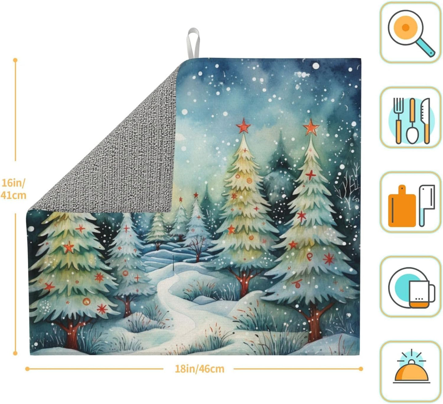 Dish Drying Mat Christmas Tree Watercolor Winter Forest for Kitchen Counter Absorbent 16x18 Inch Microfiber Dishes Plate Glass Dry Draining Pad Reversible Washable