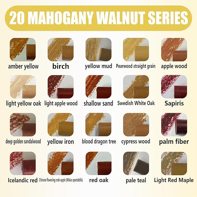 Wood Filler Sticks, 20 Colors Wood Repair Wax Crayons Furniture Markers Touch Up Kit for Repairing Scratches, Dents, Cracks, Holes in Wooden Floors and Furniture, Mahogany Walnut Series