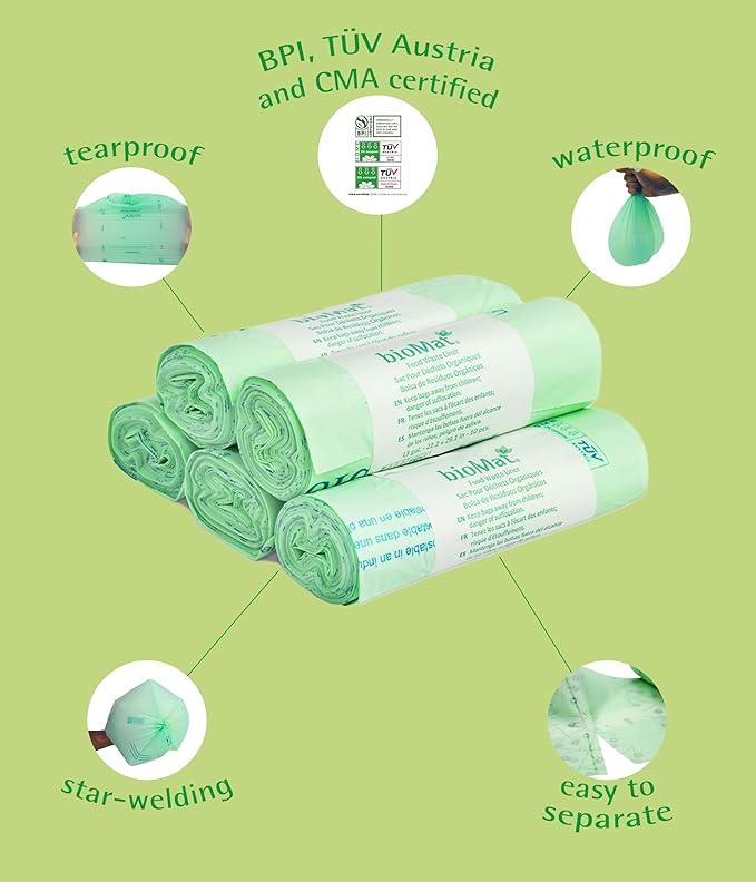 bioMat 64 Gallon Compostable Compost Liners, 10 Count, BPI ASTM D6400 Certified Large Compost Bags for Gargabe Bin