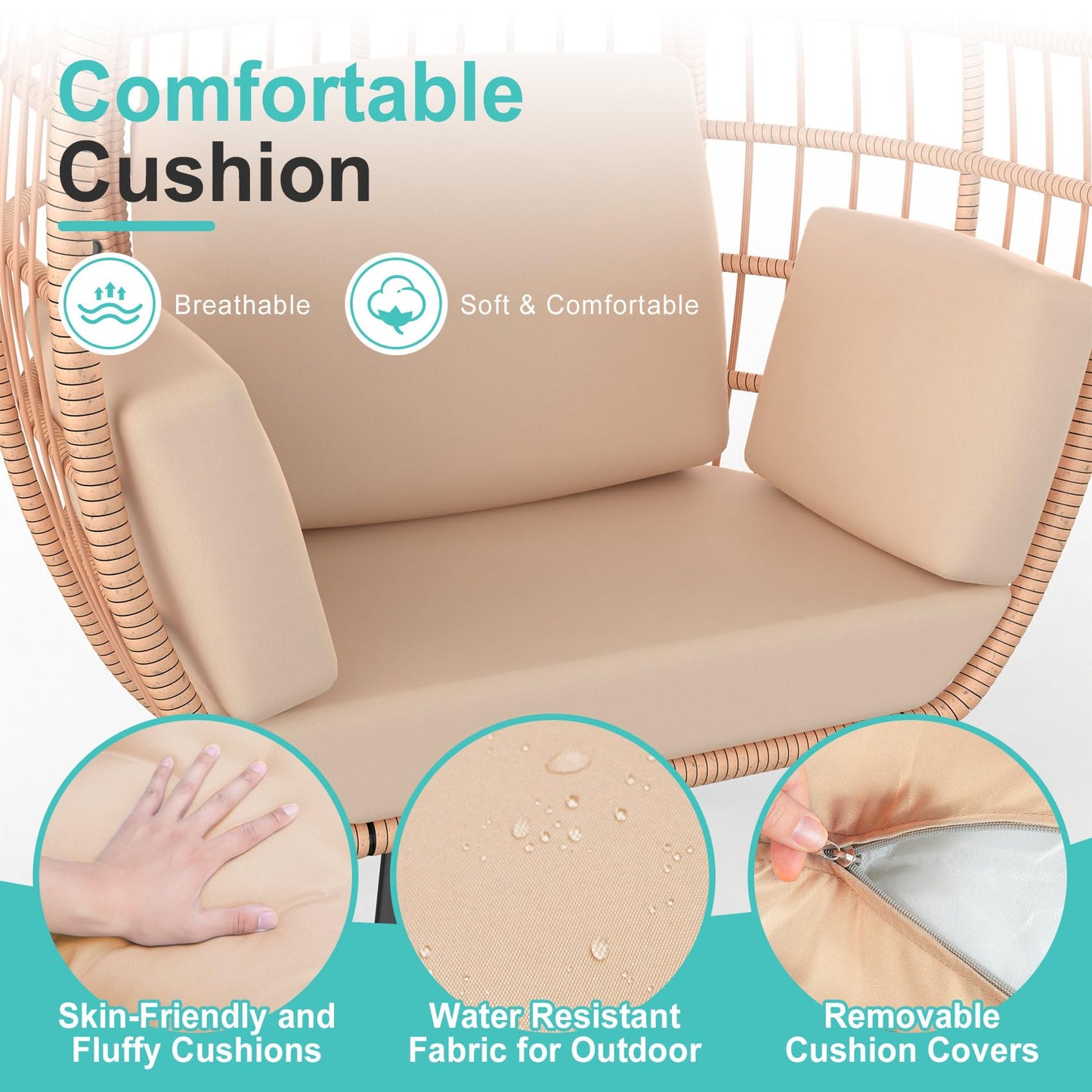 ZENPETIO Oversized Egg Chair, Indoor Outdoor Lounger with 4 UV Resistant Cushions, Storage Bag, All-Weather Wicker Egg Lounger Chair for Patio, Backyard, Living Room, 370lbs Capacity - Brown