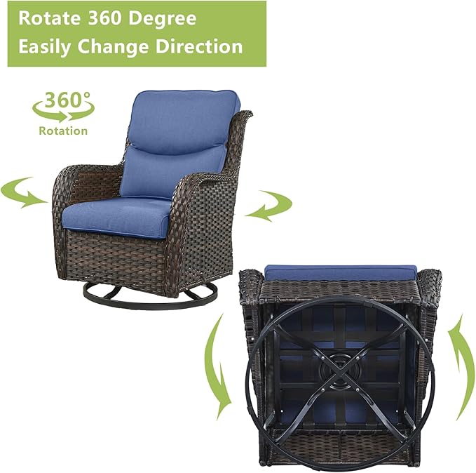 Rilyson Wicker Rocking Chair Swivel Chairs - 2 Piece Rocker Patio Chairs Set Rattan Rocking Chair for Outdoor Porch Deck Garden Backyard (Brown/Blue/Smile)