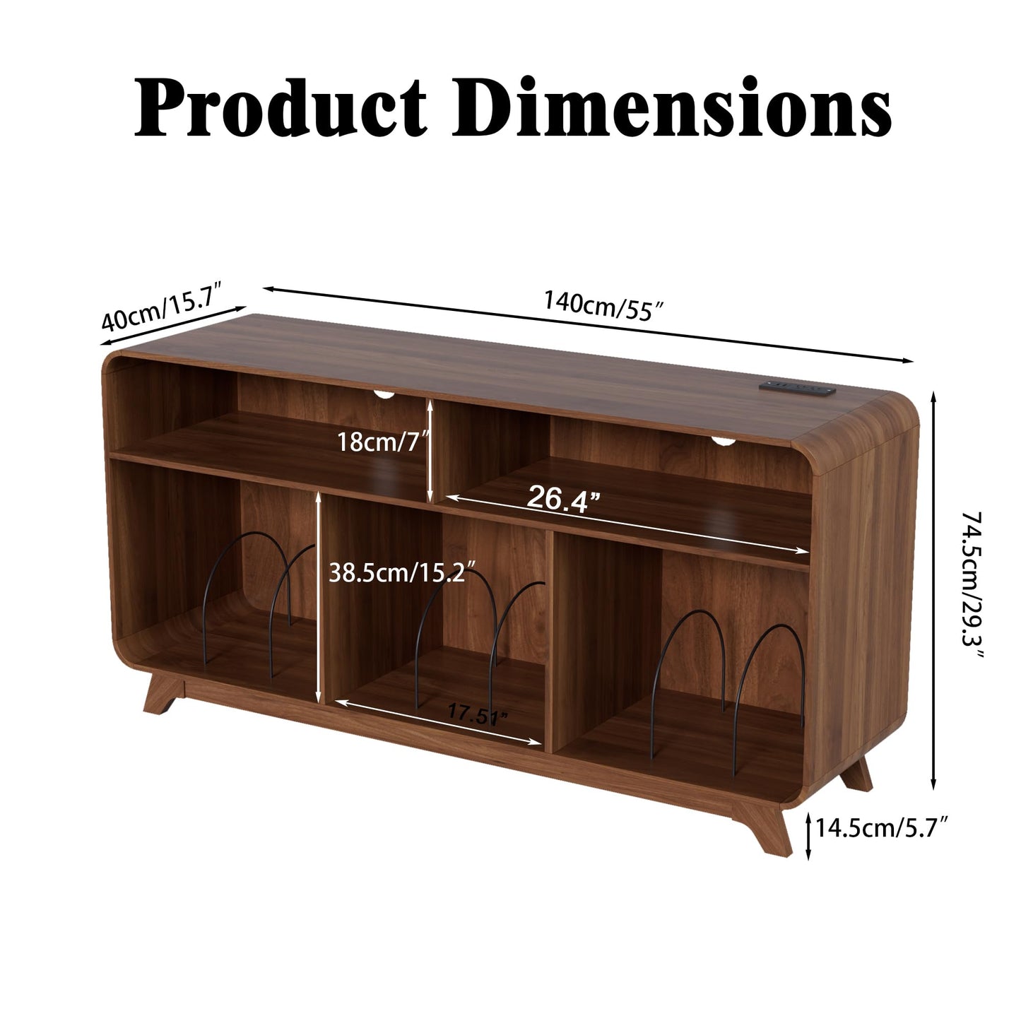 Boweniog Record Player Stand with Vinyl Storage Cabinet with Charging Station & USB Ports, Turntable Stand, Curved Vinyl Record Cabinet with Wood Legs for Bedroom Living Room (Walnut, 55inch)