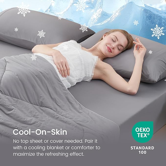 Cozy Bliss Premium Cooling Sheet Set Full Size, Q-Max>0.4, 3PCS No Flat Sheet with 2 Pillowcases, Breathable Fitted Sheet for Hot Sleepers & Night Sweats, Deep Pocket Up to 18 Inches, Dark Grey