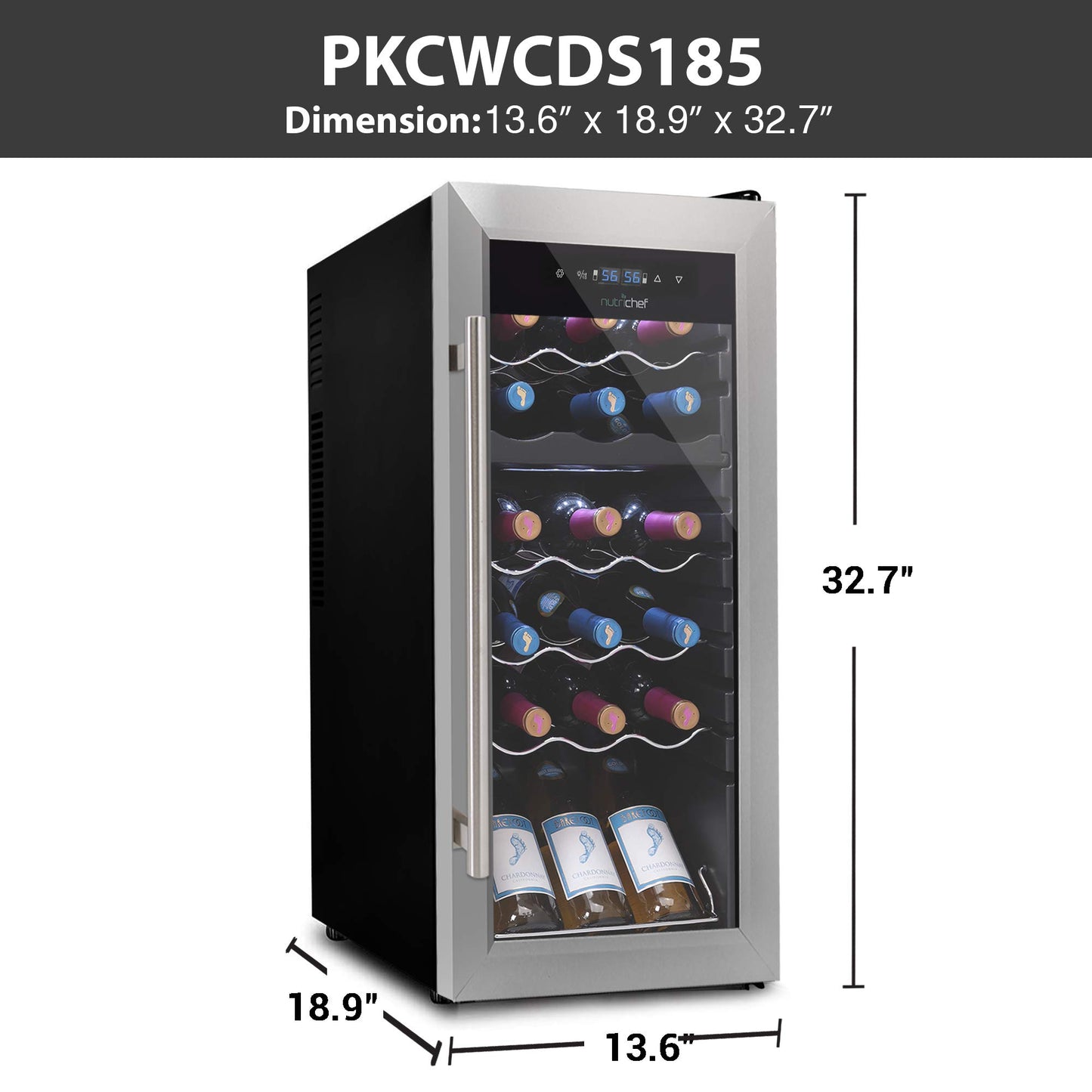 NutriChef 18 Bottle Wine Fridge | Dual Zone Wine Chiller | Adjustable Temperature 41°F to 64°F | Ultra Quiet Operation | Wine Cooler For Home & Office | Free Standing 32x13x19 IN | Black
