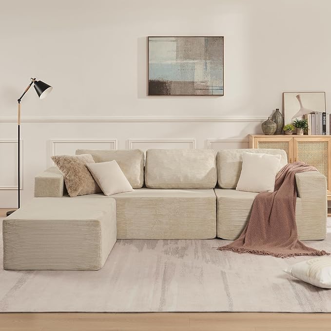 Furnify 106" Cloud Sectional Couch, Left/Right Facing Convertible Sofa with Deep Seat, L-Shape Modular Upholstered Foam Couch for Living Room Bedroom, No Assembly Required (Corduroy Fabric, Beige)